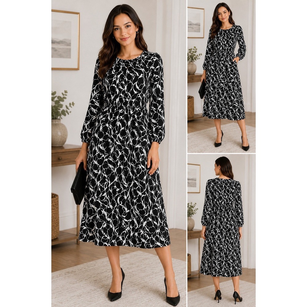 Halogen XS Black White Abstract Print Midi Dress Long Sleeve Gathered Waist Zip